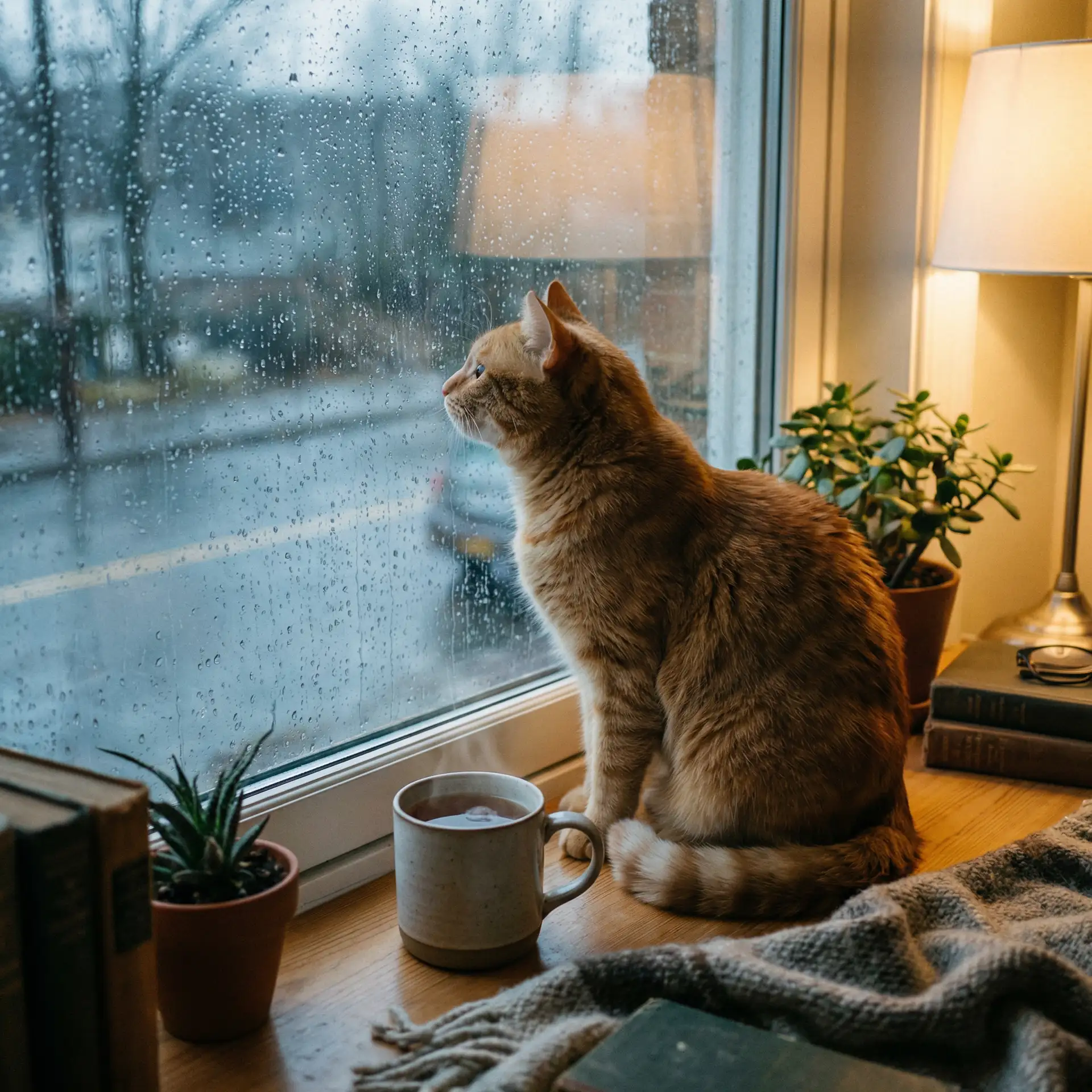猫咪望着窗外的雨 - 腿打开一点就可以吃到扇贝了